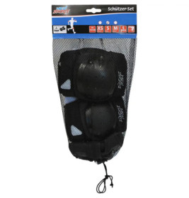 Schwarzes Schutzausrüstungs-Set im Netzbeutel, 6-teilig, für XS, S, M, ideal für sportliche Sicherheit.