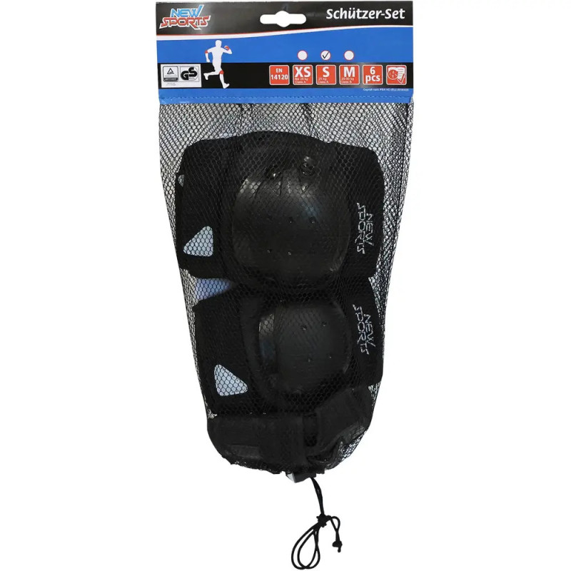 Schwarzes Schutzausrüstungs-Set im Netzbeutel, 6-teilig, für XS, S, M, ideal für sportliche Sicherheit. Schwarzes Schutzausrüstungs-Set im Netzbeutel, 6-teilig, für XS, S, M, ideal für sportliche Sicherheit.