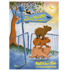 Vier Capybaras sind übereinandergestapelt neben einem Straßenschild, auf dem obersten sitzt ein Vogel.