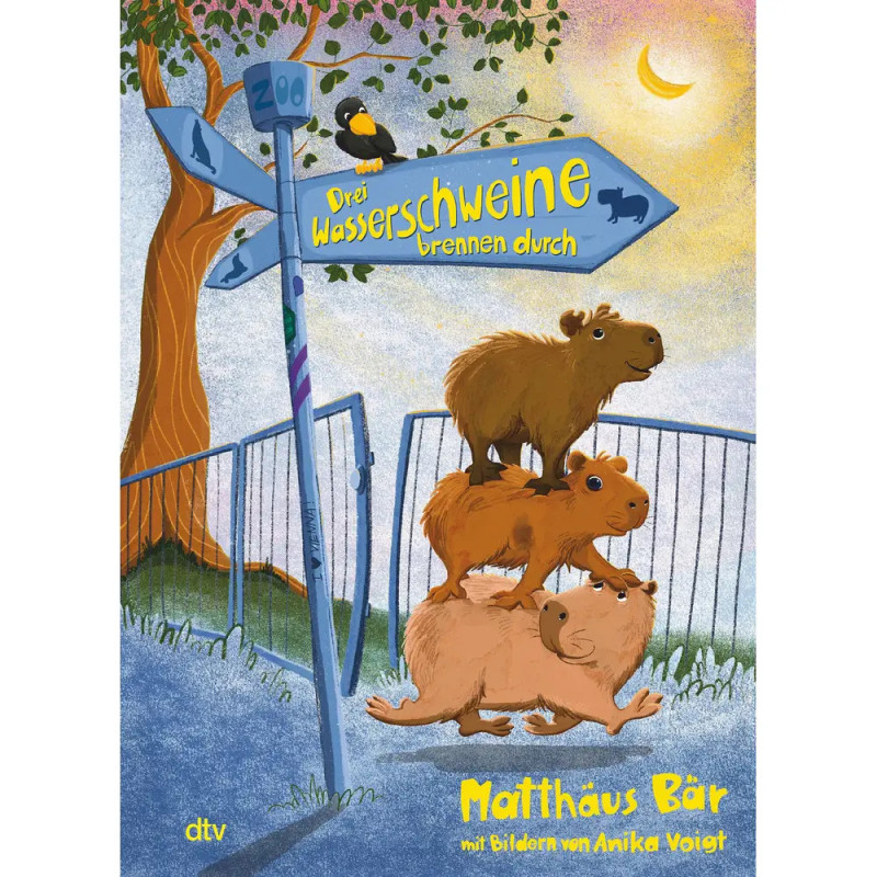 Vier Capybaras sind übereinandergestapelt neben einem Straßenschild, auf dem obersten sitzt ein Vogel.