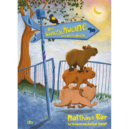 Vier Capybaras sind übereinandergestapelt neben einem Straßenschild, auf dem obersten sitzt ein Vogel.