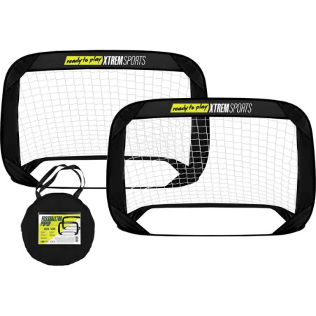 Zwei schwarze Pop-up-Fußballtore mit Netzen und einer runden Tragetasche mit XTREM SPORTS-Logo.