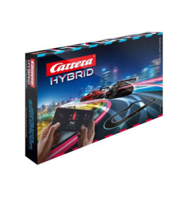 Carrera Hybrid Slotcar-Set: Verpackung mit zwei Rennwagen und Smartphone-Controller auf der Vorderseite.