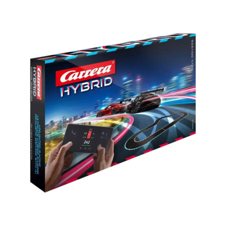 Carrera Hybrid Slotcar-Set: Verpackung mit zwei Rennwagen und Smartphone-Controller auf der Vorderseite.
