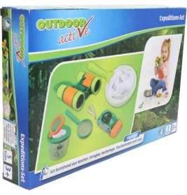 Box eines Kinder-Expeditionssets mit Spielzeug-Fernglas, Netz, Lupe und Taschenlampe für den Außeneinsatz.