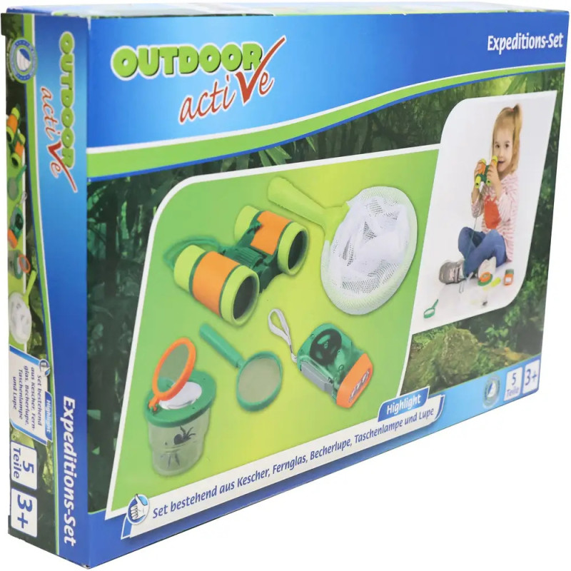 Box eines Kinder-Expeditionssets mit Spielzeug-Fernglas, Netz, Lupe und Taschenlampe für den Außeneinsatz. Box eines Kinder-Expeditionssets mit Spielzeug-Fernglas, Netz, Lupe und Taschenlampe für den Außeneinsatz.