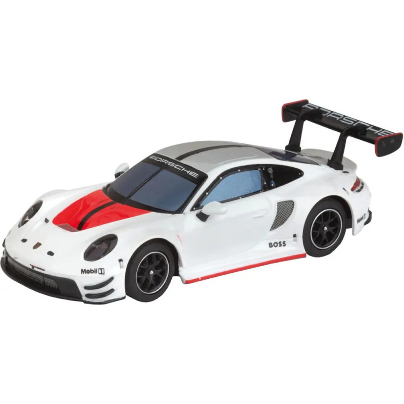 Weißes Spielzeug-Rennauto mit schwarzen und roten Akzenten, großem Heckspoiler und Porsche-Logo. Weißes Spielzeug-Rennauto mit schwarzen und roten Akzenten, großem Heckspoiler und Porsche-Logo.