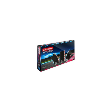 Carrera Hybrid Slotcar-Set mit abgebildeten Rennwagen auf der Vorderseite vor dunklem Hintergrund.