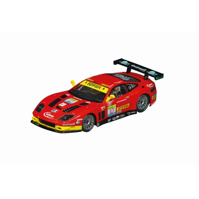 Roter Ferrari-Rennwagen mit Sponsorenlogos, großem Heckflügel und der Nummer 11 auf der Tür, aus der Vogelperspektive.