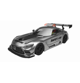 Silberner Mercedes-Safety-Car mit aerodynamischen Details und SAFETY CAR-Schriftzug an Seite und Motorhaube.