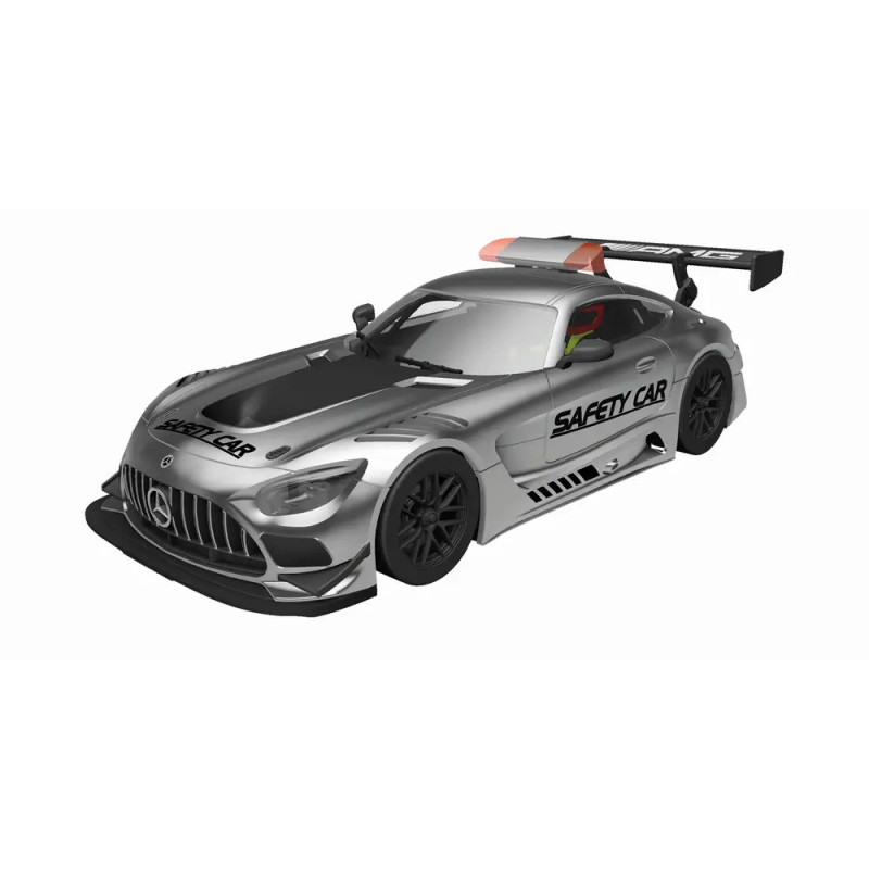 Silberner Mercedes-Safety-Car mit aerodynamischen Details und SAFETY CAR-Schriftzug an Seite und Motorhaube. Silberner Mercedes-Safety-Car mit aerodynamischen Details und SAFETY CAR-Schriftzug an Seite und Motorhaube.