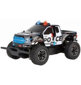 Schwarz-weißes Polizei-Spielzeugauto mit blinkenden roten und blauen Lichtern sowie großen Offroad-Reifen.