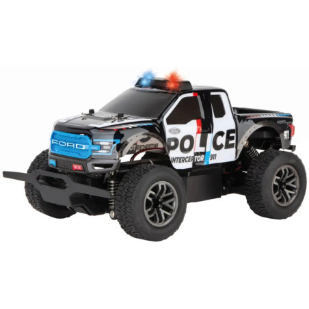 Schwarz-weißes Polizei-Spielzeugauto mit blinkenden roten und blauen Lichtern sowie großen Offroad-Reifen.