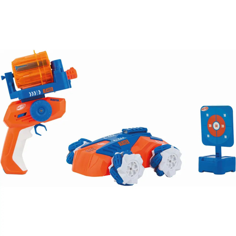 Orange-blauer Spielzeug-Blaster, ferngesteuertes Auto und blaue Zielscheibe mit Zahlenringen.