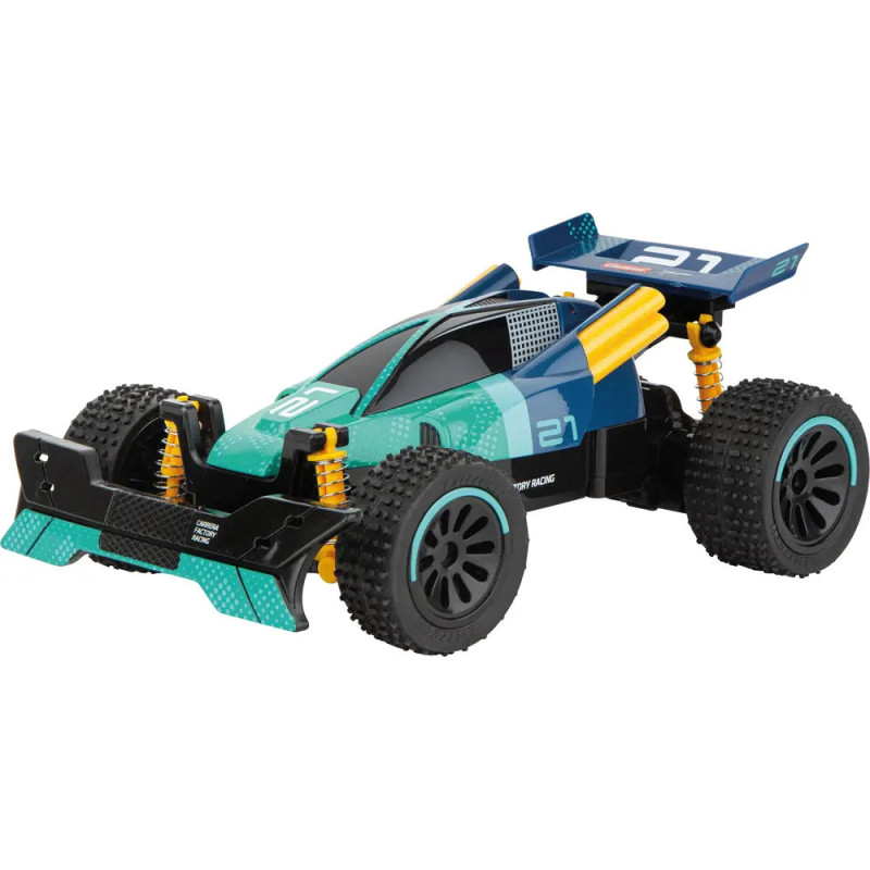 Blau-grünes ferngesteuertes Spielzeugauto mit großen schwarzen Rädern und gelben Stoßdämpfern. Blau-grünes ferngesteuertes Spielzeugauto mit großen schwarzen Rädern und gelben Stoßdämpfern.