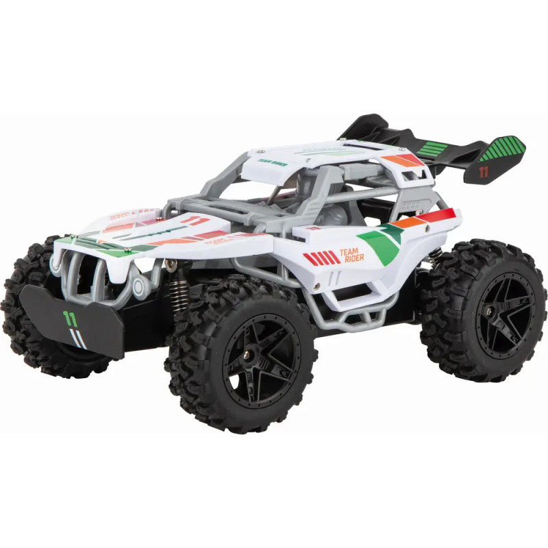 Weiß-grünes ferngesteuertes Offroad-Auto mit großen schwarzen Reifen und bunten Details.