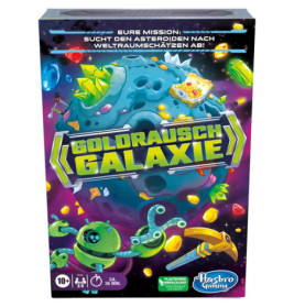 Bunte Spieleschachtel Goldrausch Galaxie mit Weltraum, Asteroiden, Edelsteinen und grünem Roboter auf dem Cover.