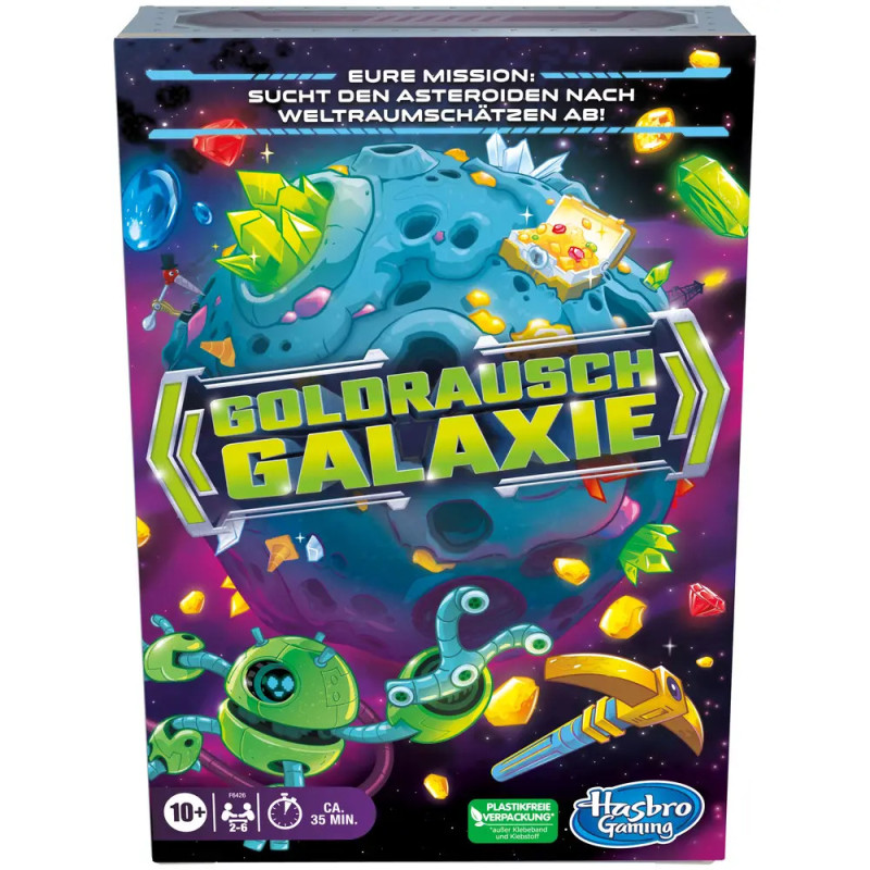 Bunte Spieleschachtel Goldrausch Galaxie mit Weltraum, Asteroiden, Edelsteinen und grünem Roboter auf dem Cover.