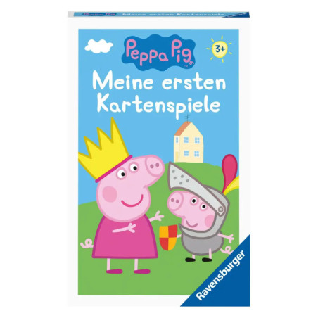 Peppa Pig Kartenspiel mit Peppa als Königin und George als Ritter im Hintergrund Haus und Sonne.