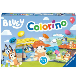 Bluey Colorino Spiel mit Bluey-Figuren, bunten Chips und farbenfrohem Hintergrund auf der Verpackung.