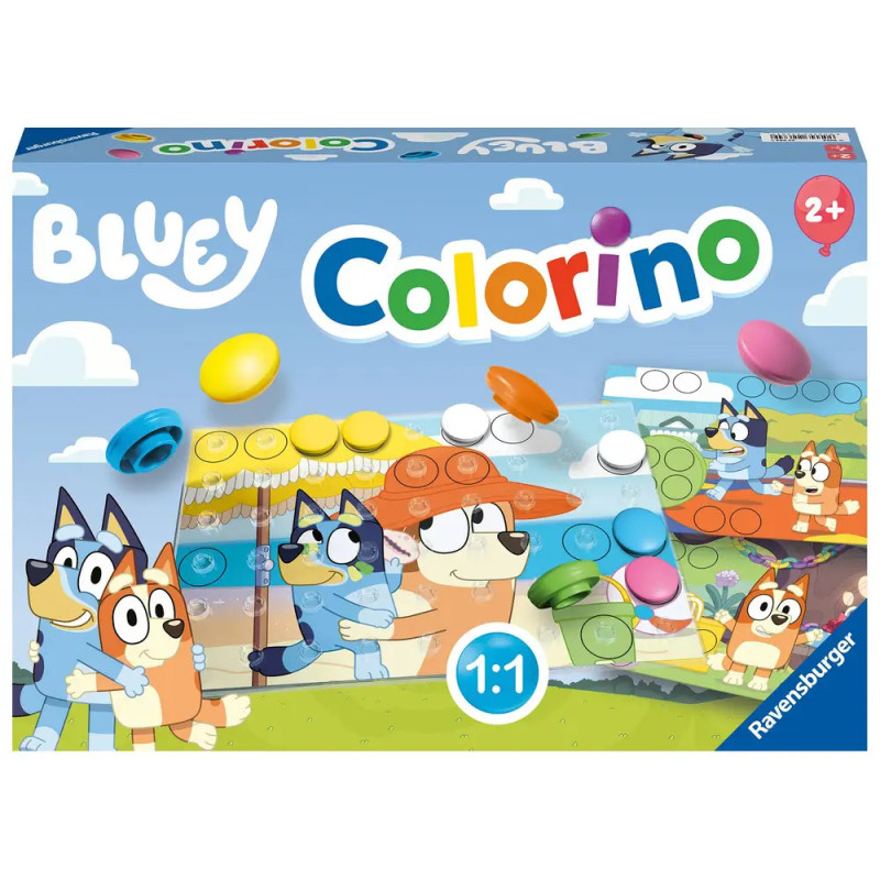 Bluey Colorino Spiel mit Bluey-Figuren, bunten Chips und farbenfrohem Hintergrund auf der Verpackung. Bluey Colorino Spiel mit Bluey-Figuren, bunten Chips und farbenfrohem Hintergrund auf der Verpackung.