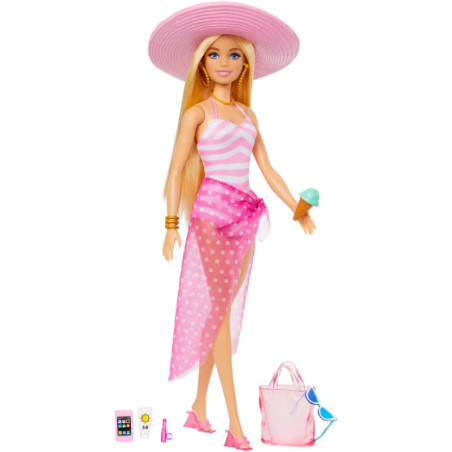 Barbie im pinken Badeanzug, Sonnenhut und High Heels, hält ein Eis, daneben liegen Zubehörteile.