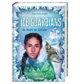Cover von Ice Guardians: Ein Mädchen mit Locken und einem Luchs vor eisigen Bergen.
