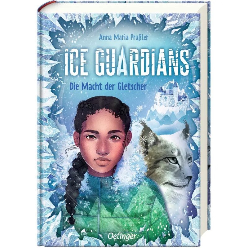 Cover von Ice Guardians: Ein Mädchen mit Locken und einem Luchs vor eisigen Bergen. Cover von Ice Guardians: Ein Mädchen mit Locken und einem Luchs vor eisigen Bergen.