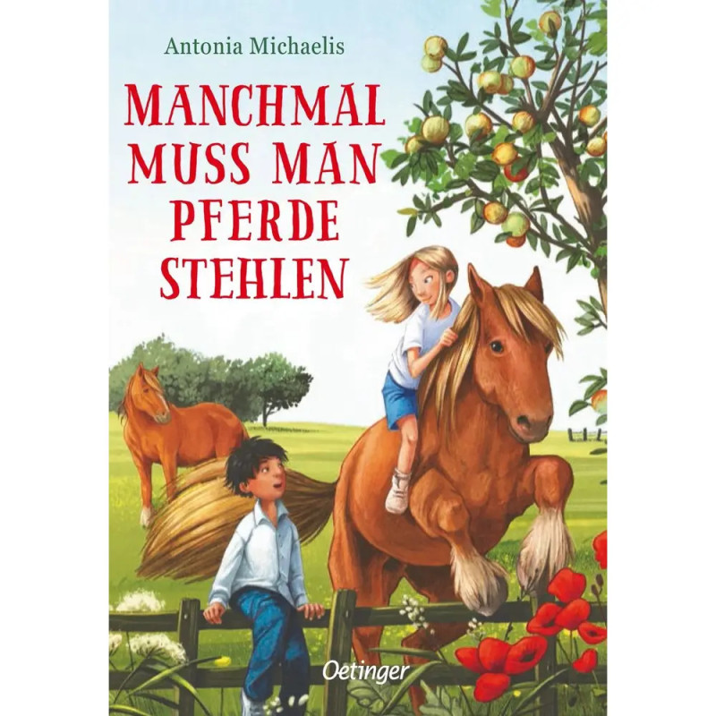 Mädchen reitet braunes Pferd, Junge geht daneben. Im Hintergrund ein weiteres Pferd, Apfelbaum und Blumen. Mädchen reitet braunes Pferd, Junge geht daneben. Im Hintergrund ein weiteres Pferd, Apfelbaum und Blumen.