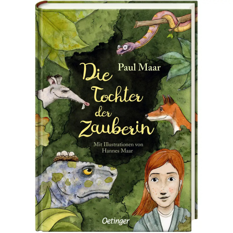 Buchcover: Die Tochter der Zauberin, zeigt ein Mädchen, Tiere, Pflanzen und verspielte Illustrationen auf grünem Grund.