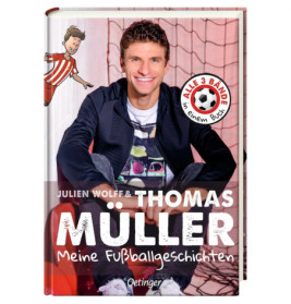 Thomas Müller lächelt auf dem Cover des Buches Meine Fußballgeschichten von Julien Wolff und ihm selbst.
