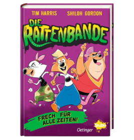 Drei bunte Comic-Ratten rennen fröhlich über ein lila Buchcover mit dem Titel Die Rattenbande.