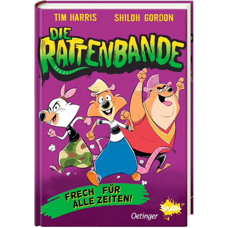 Drei bunte Comic-Ratten rennen fröhlich über ein lila Buchcover mit dem Titel Die Rattenbande. Drei bunte Comic-Ratten rennen fröhlich über ein lila Buchcover mit dem Titel Die Rattenbande.
