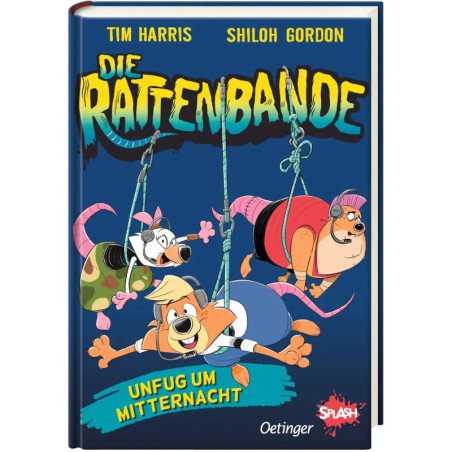 Illustration: Drei Cartoon-Ratten in Kostümen hängen am Seil auf dem Cover von Die Rattenbande.