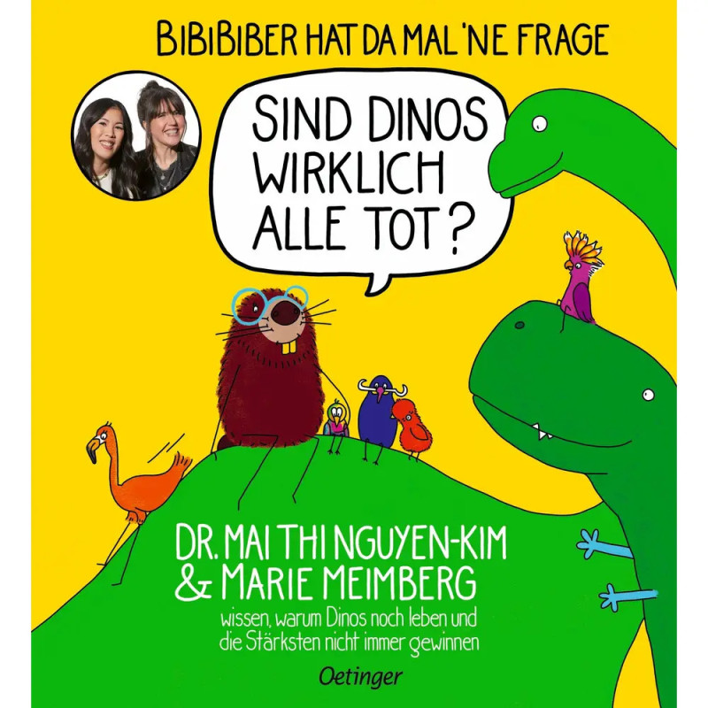 Buchcover mit Dinosauriern, Maulwurf, zwei Frauen und deutschem Text: Sind Dinosaurier wirklich ausgestorben?. Buchcover mit Dinosauriern, Maulwurf, zwei Frauen und deutschem Text: Sind Dinosaurier wirklich ausgestorben?.