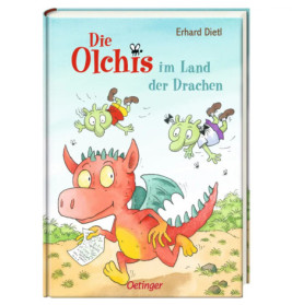 Buchcover: Roter Drache hält ein Papier, zwei grüne Kreaturen mit großen Augen springen. Deutscher Titeltext.