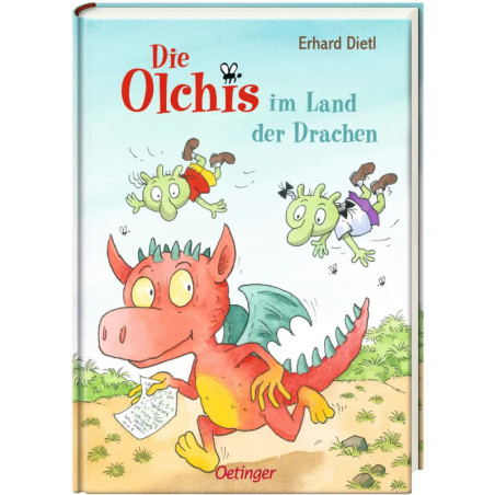 Buchcover: Roter Drache hält ein Papier, zwei grüne Kreaturen mit großen Augen springen. Deutscher Titeltext.