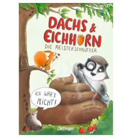 Ein Dachs mit Lupe, ein Igel und ein Eichhörnchen untersuchen einen großen Kotberg neben einem Baum.