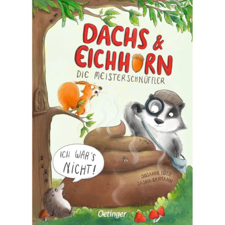 Ein Dachs mit Lupe, ein Igel und ein Eichhörnchen untersuchen einen großen Kotberg neben einem Baum. Ein Dachs mit Lupe, ein Igel und ein Eichhörnchen untersuchen einen großen Kotberg neben einem Baum.