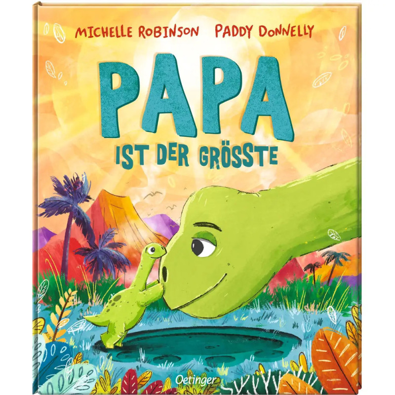 Buntes Buchcover mit zwei grünen Dinosauriern, die sich anstupsen. Titel: Papa ist der Größte. Buntes Buchcover mit zwei grünen Dinosauriern, die sich anstupsen. Titel: Papa ist der Größte.