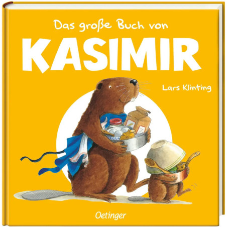Zwei Biber tragen Küchenutensilien auf dem gelben Buchcover Das große Buch von Kasimir von Lars Klinting.