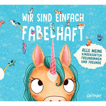 Illustration: Einhorn mit blauer Mähne und kleinen Tieren auf blauem Hintergrund, dazu deutscher Text.