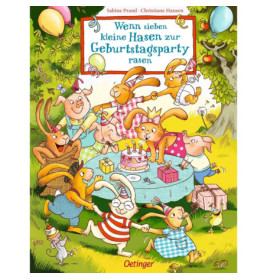 Sieben fröhliche Hasen feiern draußen Geburtstag mit Kuchen, Dekorationen und Spielen.