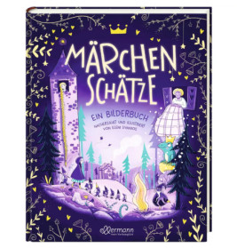 Buntes deutsches Märchenbuchcover mit Burgen, Prinzessinnen, Drachen und Waldmotiven in Violetttönen.