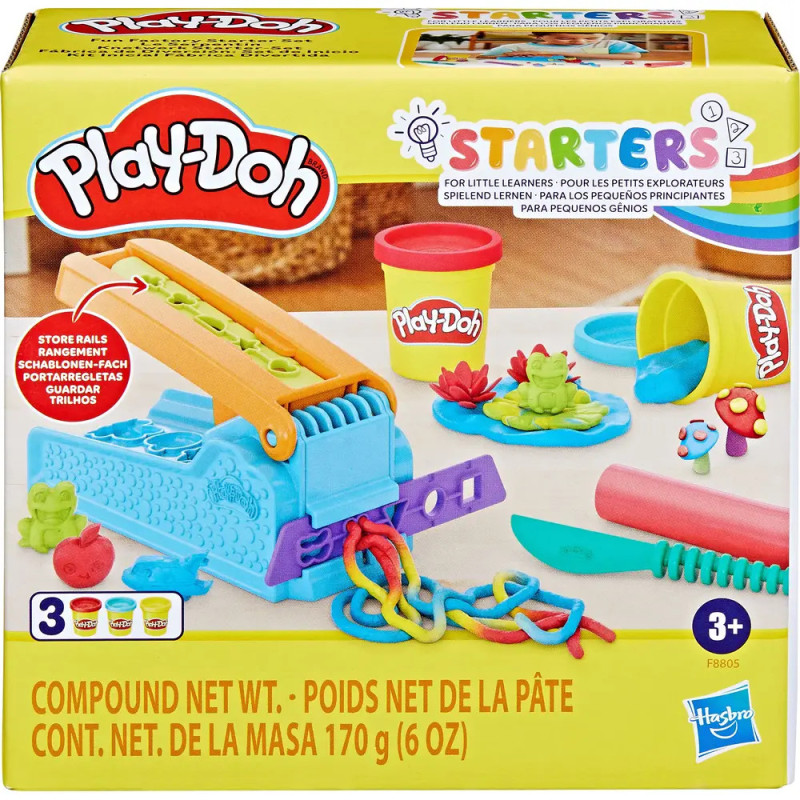 Play-Doh Starter-Set mit bunter Knete, Werkzeugen und gezeigten, kreativen Nudel-Formen in der Verpackung.