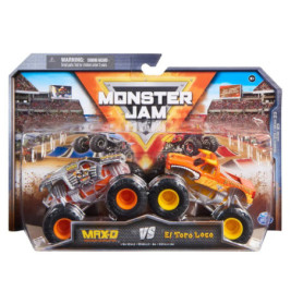 Zwei Monster-Jam-Spielzeugtrucks, Max-D und El Toro Loco, in Verpackung vor Stadionhintergrund.