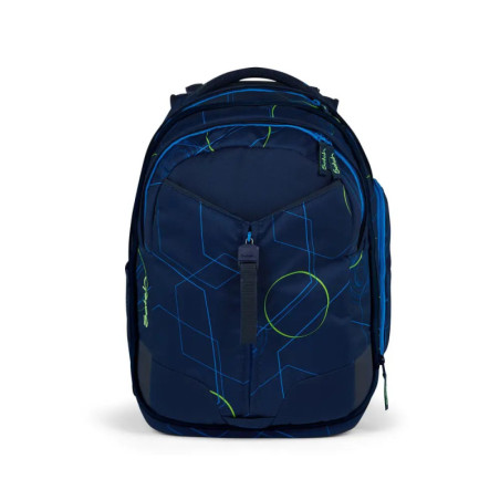 Dunkelblauer Rucksack mit geometrischem Muster in Grün und Blau, Frontreißverschlusstasche und Seitenfächern.