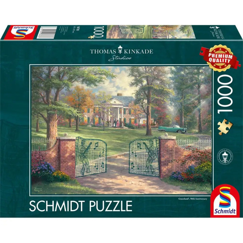 Schachtel eines 1000-teiligen Schmidt-Puzzles mit einem Gemälde von Anwesen, offenen Toren und Herbstbäumen. Schachtel eines 1000-teiligen Schmidt-Puzzles mit einem Gemälde von Anwesen, offenen Toren und Herbstbäumen.