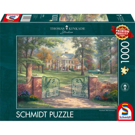 Schachtel eines 1000-teiligen Schmidt-Puzzles mit einem Gemälde von Anwesen, offenen Toren und Herbstbäumen.