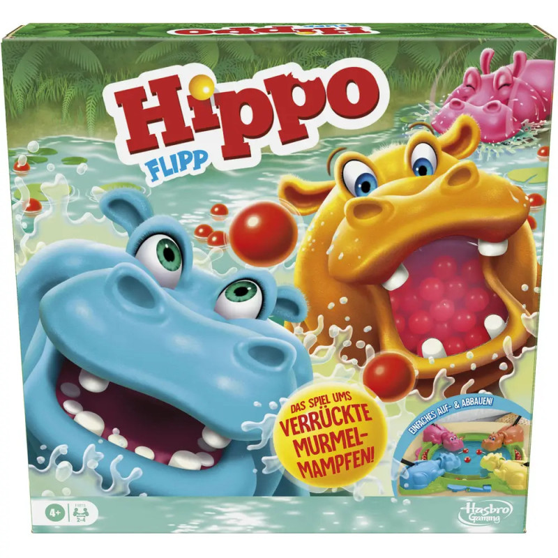 Spielschachtel von Hippo Flipp mit bunten, geöffneten Nilpferdmaulern in einer spritzigen Wasserszene.
